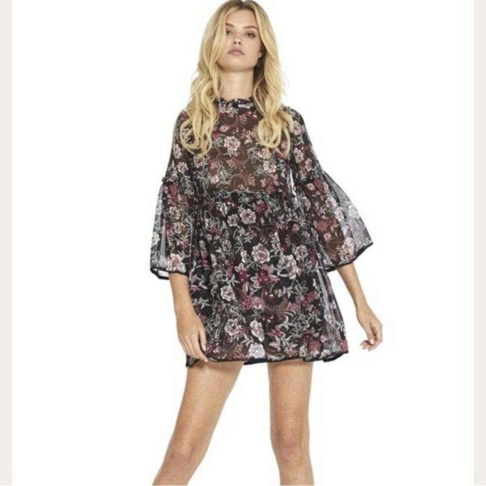 New Misa Celso Black Floral Boho 3/4 Sleeves Tiered Ruffle Chiffon Mini Dress S
